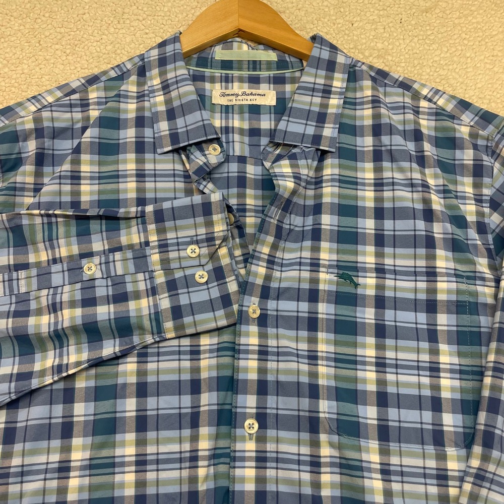 Tommy Bahama Shirt Mens L Blue Plaid The Siesta Key Button Down Stretch ST326422